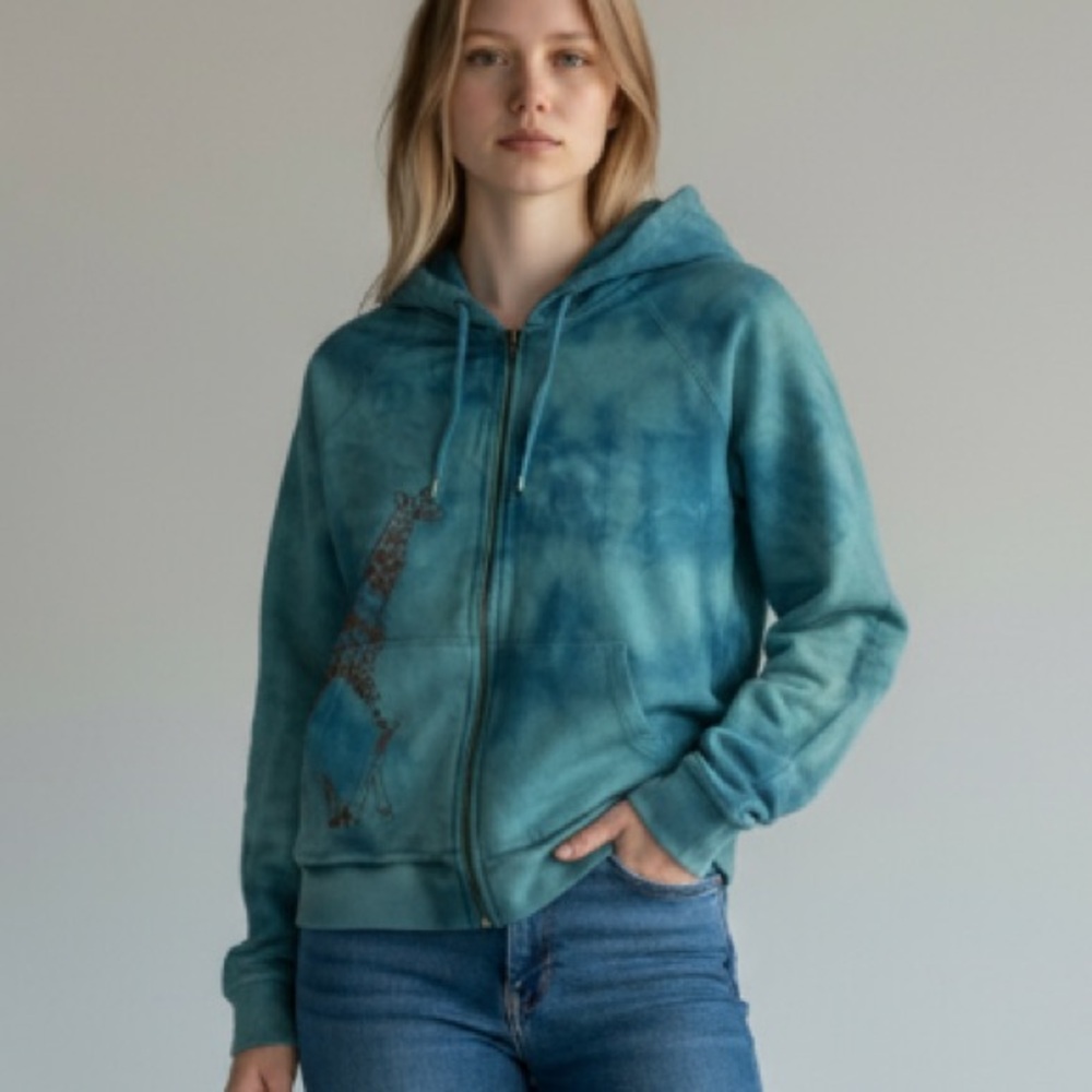 Vintage Rare DKNY Jeans Women’s Teal Green Giraffe Print Hoodie